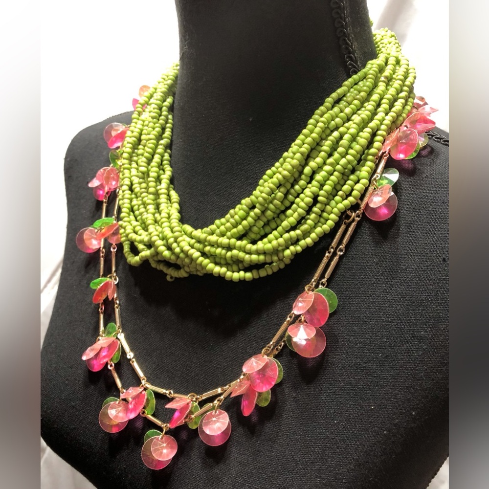 Green glass beaded & Pink-Green Acrylic Gold Tone Necklaces